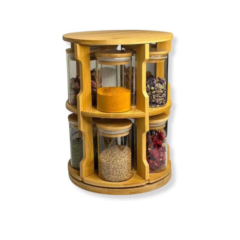 Étagère à Épices Rotative 360° en Bois – Avec 10 Bocaux Inclus