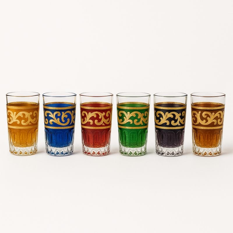 Ensemble de 12 Verres à Thé Marocains – Verre Coloré avec Dorure Artisanale