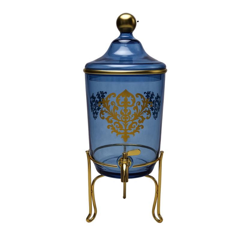 Distributeur de Boissons en Verre Bleu avec Support Doré 4L