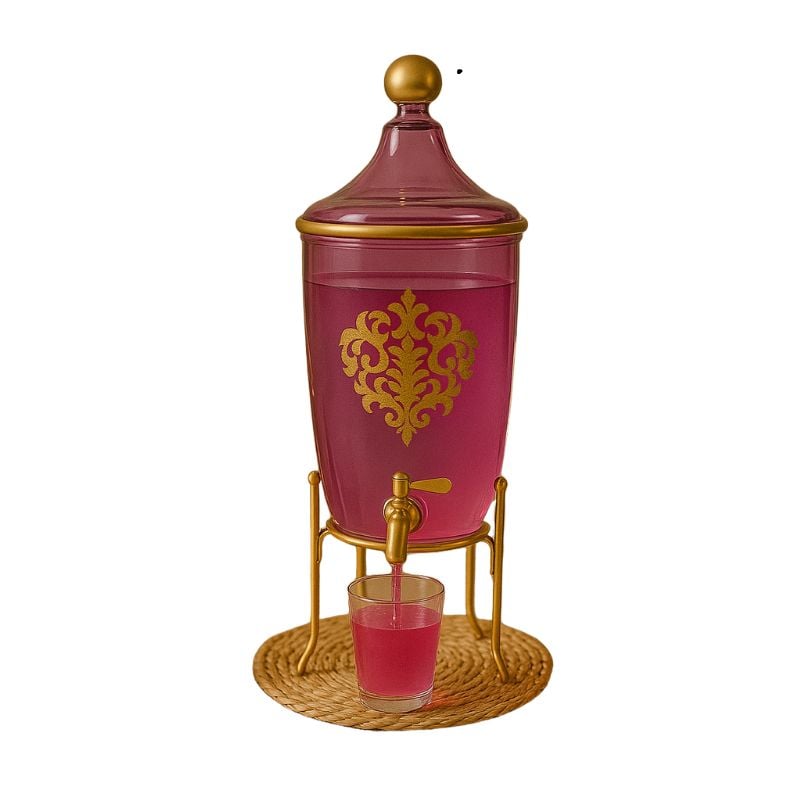 Distributeur de Boissons en Verre Rose avec Support Doré 4L
