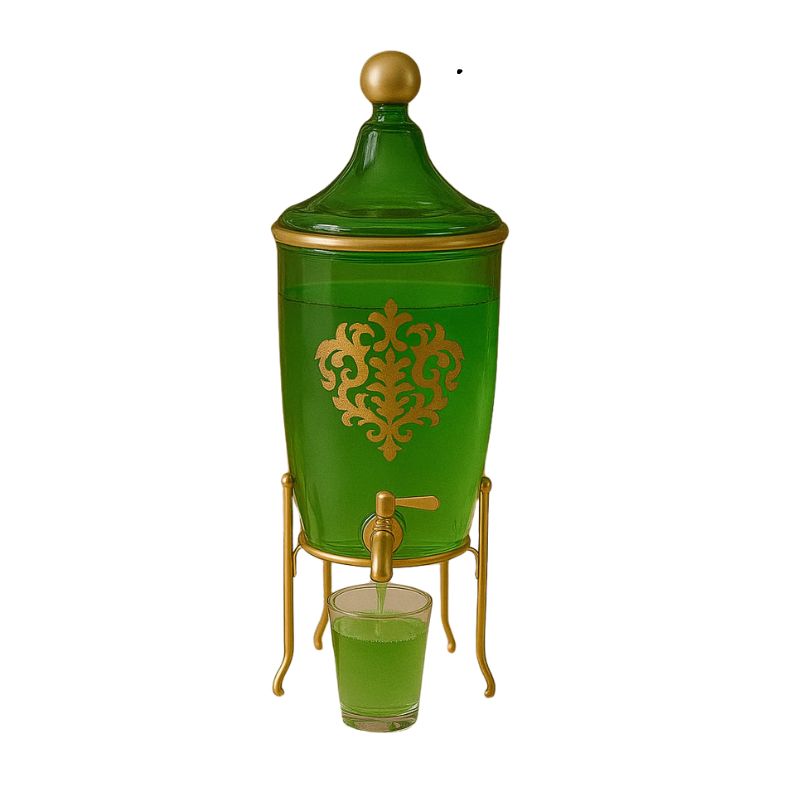 Distributeur de Boissons en Verre vert avec Support Doré 4L