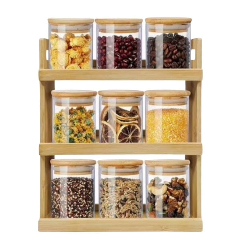 Ensemble de 9 Boîtes à Épices en Verre avec Support en Bambou