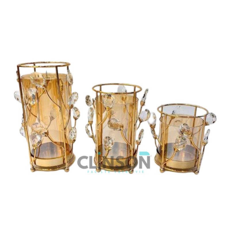 Bougeoir Candélabre en Verre de Cristal et Alliage (3pièces)