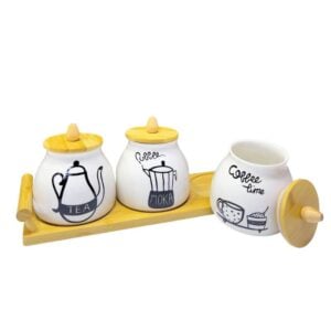 Set de Pots en Porcelaine avec Couvercles – 3 Pièces + Support Bois