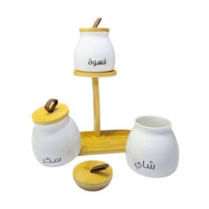 Set 3 Pots en Porcelaine Café, Sucre, Thé avec Support Bois