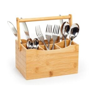 Casier à Rangement d’Ustensiles de Cuisine – 4 Compartiments avec Poignée en Bambou